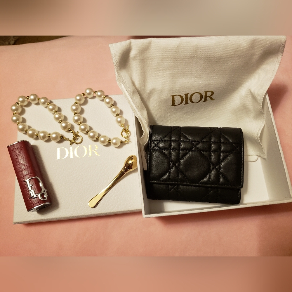 Bundle Lady Dior Lotus Wallet, Libsitck Case, Cream Applicator